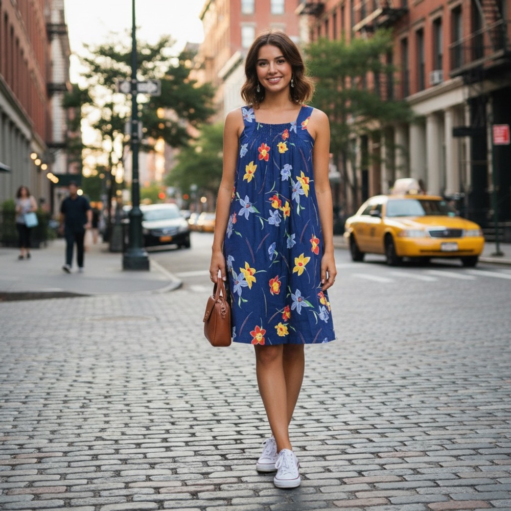 Vintage 70s Gilead Blue Floral Sundress Smocked Tank House Dress Size Large